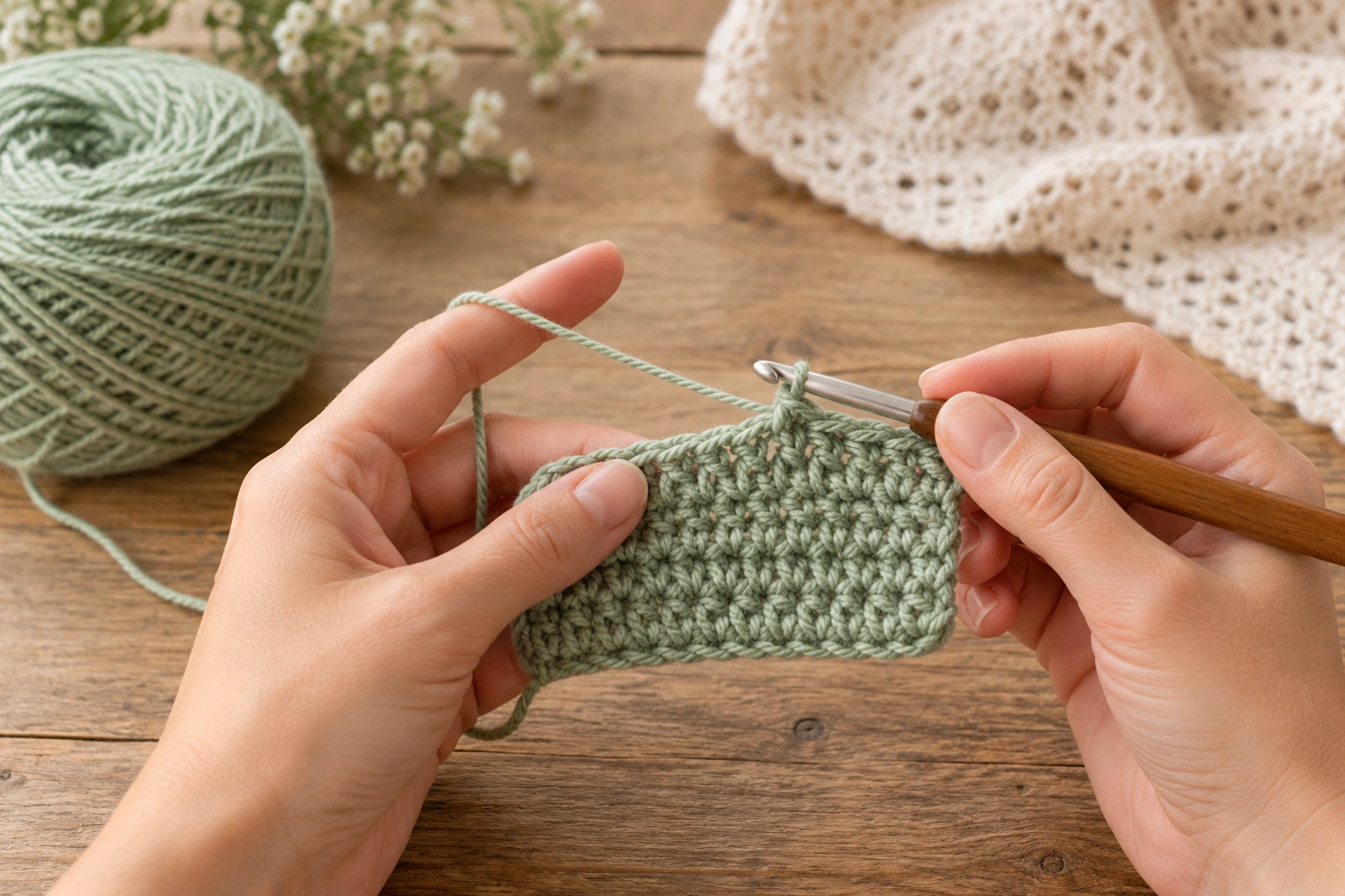 Hands crocheting a sage-green swatch with a wood-handled metal hook, with the working yarn connected to a ball on a wooden table.