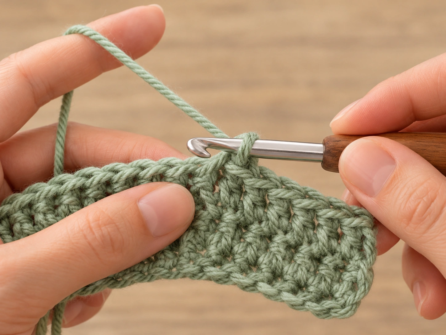 Close-up of hands crocheting sage-green fabric with a wood-handled hook and visible working yarn.