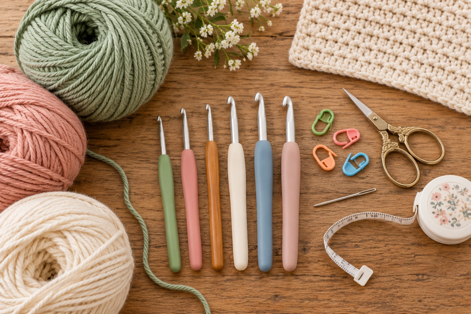 Crochet hooks, yarn, stitch markers, scissors, a tapestry needle, and measuring tape arranged on a wooden table.